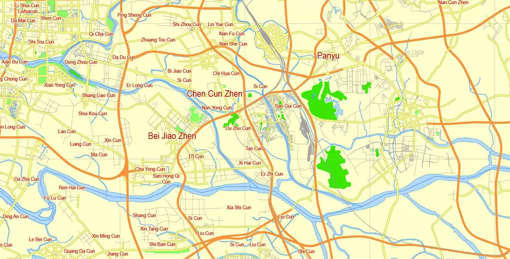 free printavle map Guangzhou, English vector map Guangzhou