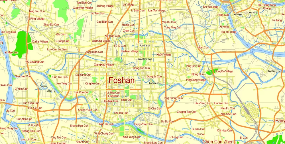 free printavle map Guangzhou, English vector map Guangzhou