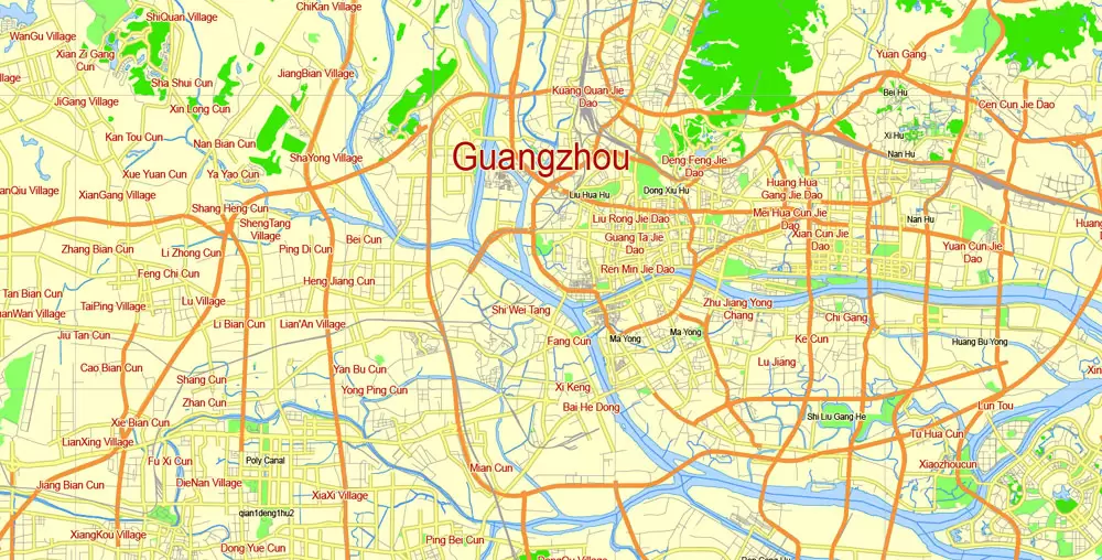 free printavle map Guangzhou, English vector map Guangzhou