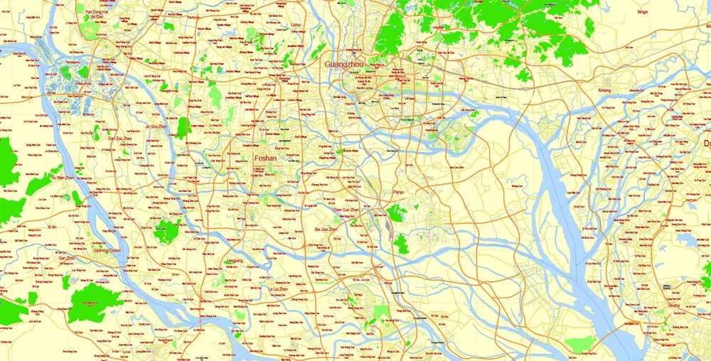 free printavle map Guangzhou, English vector map Guangzhou