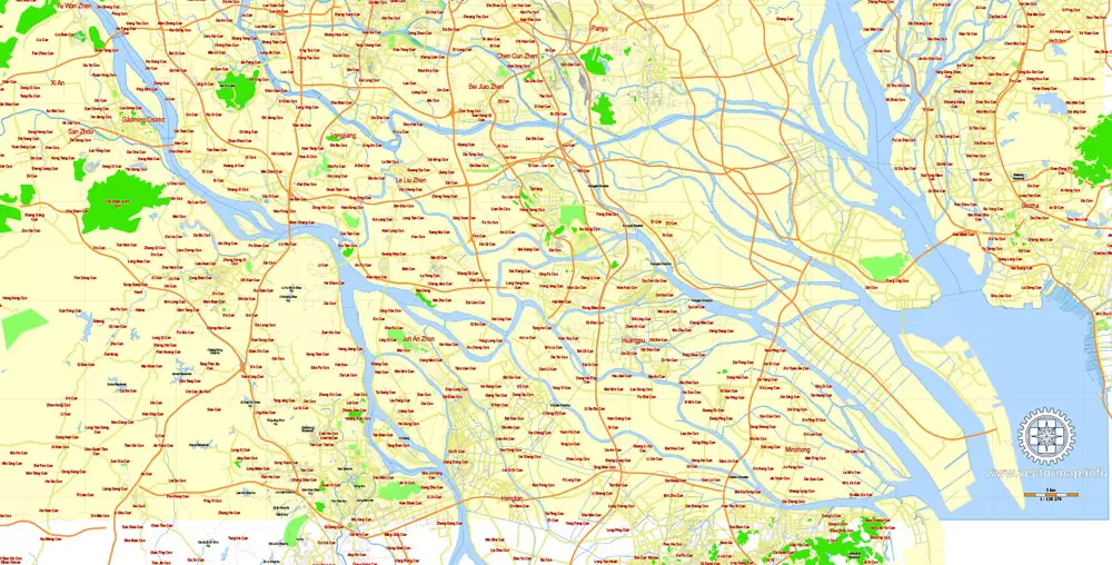free printavle map Guangzhou, English vector map Guangzhou