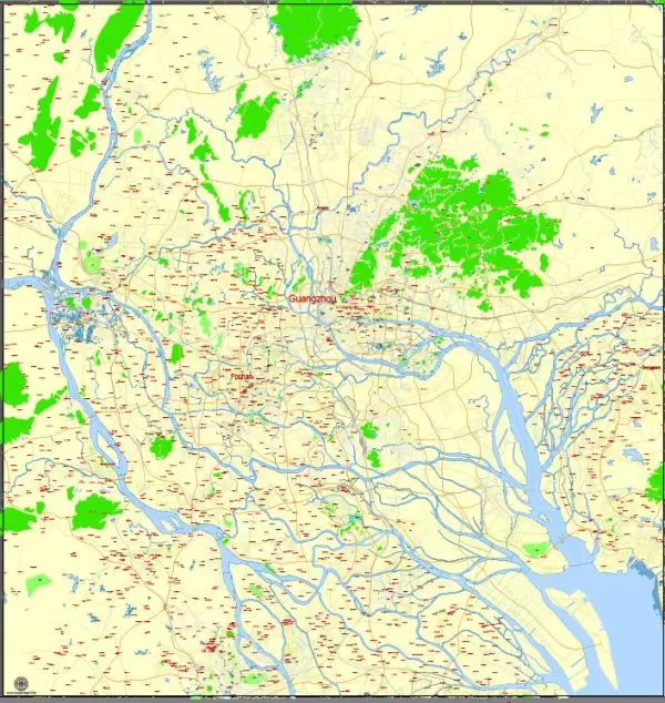 Printable Map Guangzhou, China, exact vector street G-view Level 17 (100 meters scale) map, full editable in ENGLISH, Adobe illustrator, full vector, scalable, editable, text format street names, 13 mb ZIP