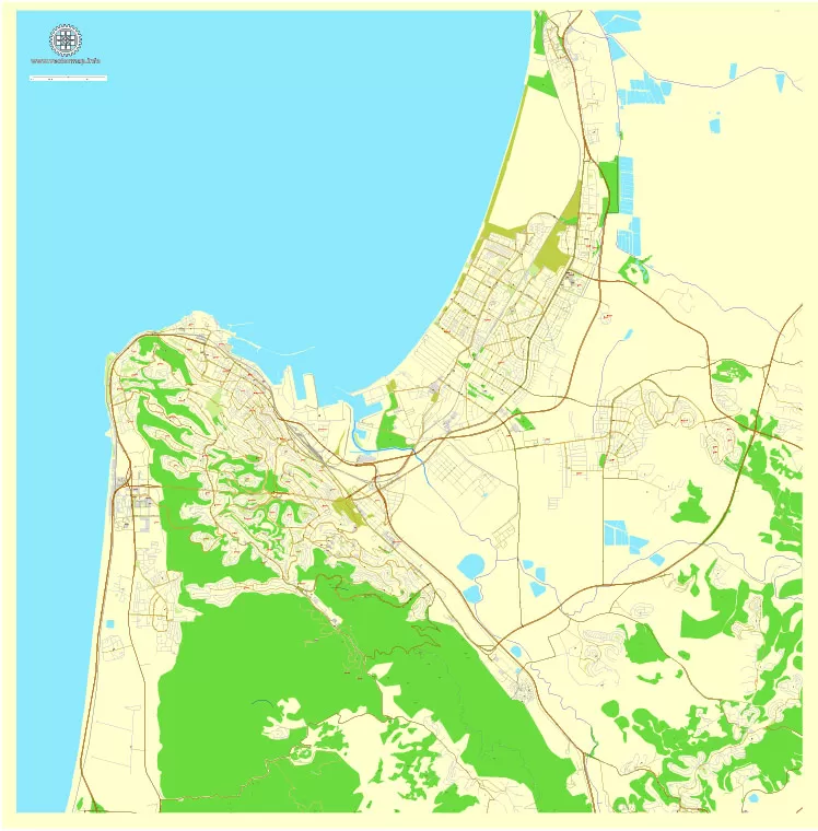 Printable map Haifa, Israel, exact vector map Adobe Illustrator editable City Plan, full vector, scalable, editable, english text format street names, 3 mb ZIP