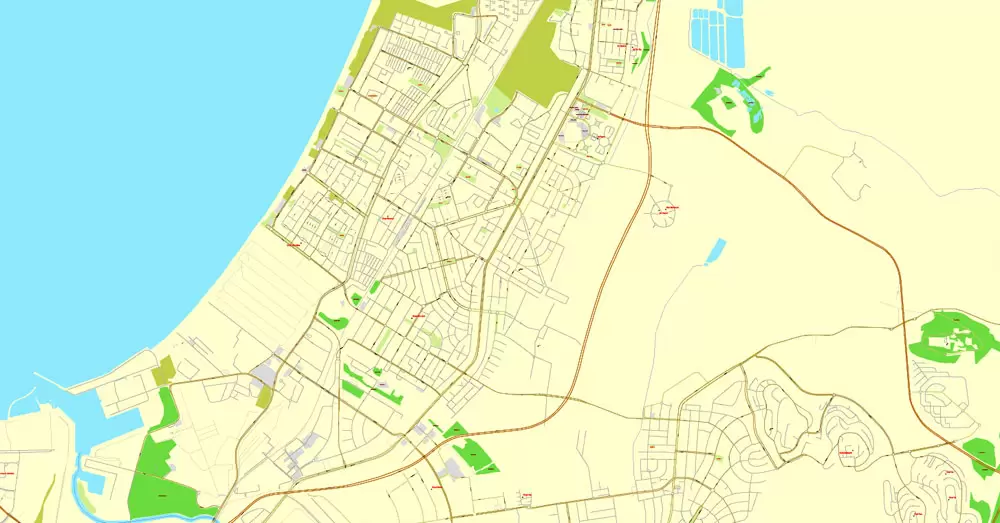 Printable map Haifa, Israel, exact vector map Adobe Illustrator editable City Plan, full vector, scalable, editable, english text format street names, 3 mb ZIP