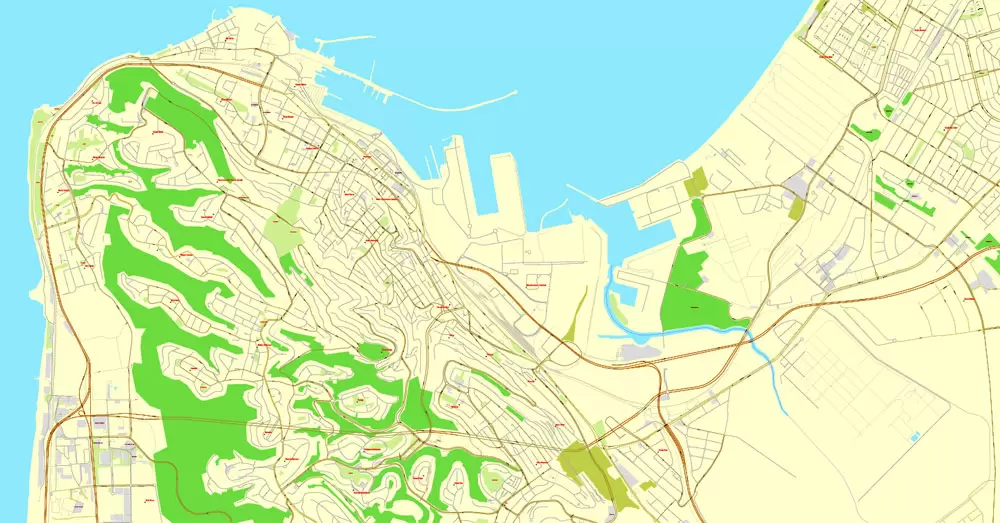 Printable map Haifa, Israel, exact vector map Adobe Illustrator editable City Plan, full vector, scalable, editable, english text format street names, 3 mb ZIP
