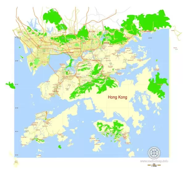 Hong Kong Map PDF China printable vector City Plan 5 km scale full editable in ENGLISH, Adobe PDF Street Map