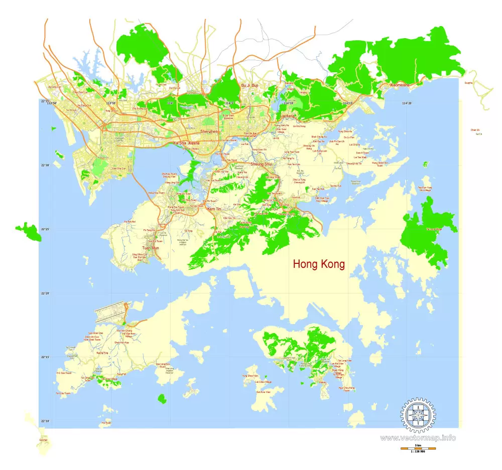 Hong Kong Map PDF China printable vector City Plan 5 km scale full editable in ENGLISH, Adobe PDF Street Map
