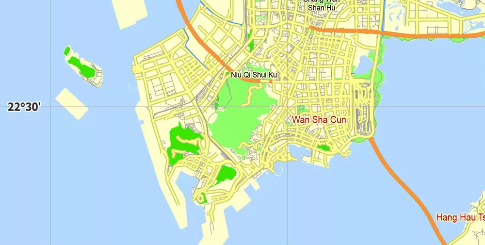 Hong Kong Map PDF China printable vector City Plan 5 km scale full editable in ENGLISH, Adobe PDF Street Map
