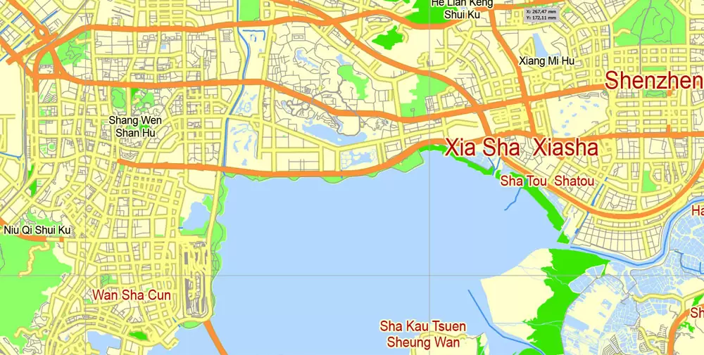 Hong Kong Map PDF China printable vector City Plan 5 km scale full editable in ENGLISH, Adobe PDF Street Map
