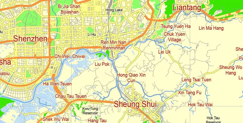 Hong Kong Map PDF China printable vector City Plan 5 km scale full editable in ENGLISH, Adobe PDF Street Map