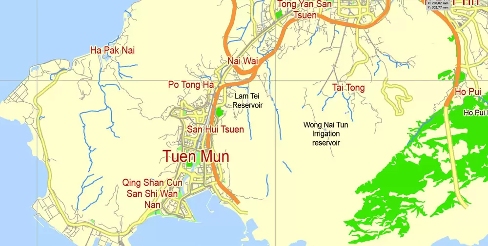 Hong Kong Map PDF China printable vector City Plan 5 km scale full editable in ENGLISH, Adobe PDF Street Map