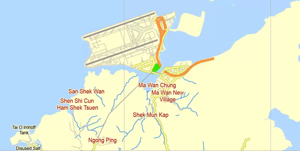 Hong Kong Map PDF China printable vector City Plan 5 km scale full editable in ENGLISH, Adobe PDF Street Map