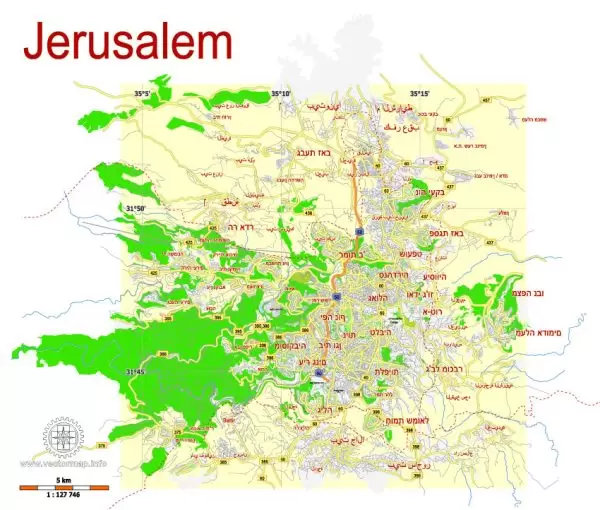 Printable Map Jerusalem, Israel, HEBREW vector map Adobe Illustrator editable G-View Level 12 (5 km scale), full vector, scalable, editable, hebrew curves format names, 2 mb ZIP