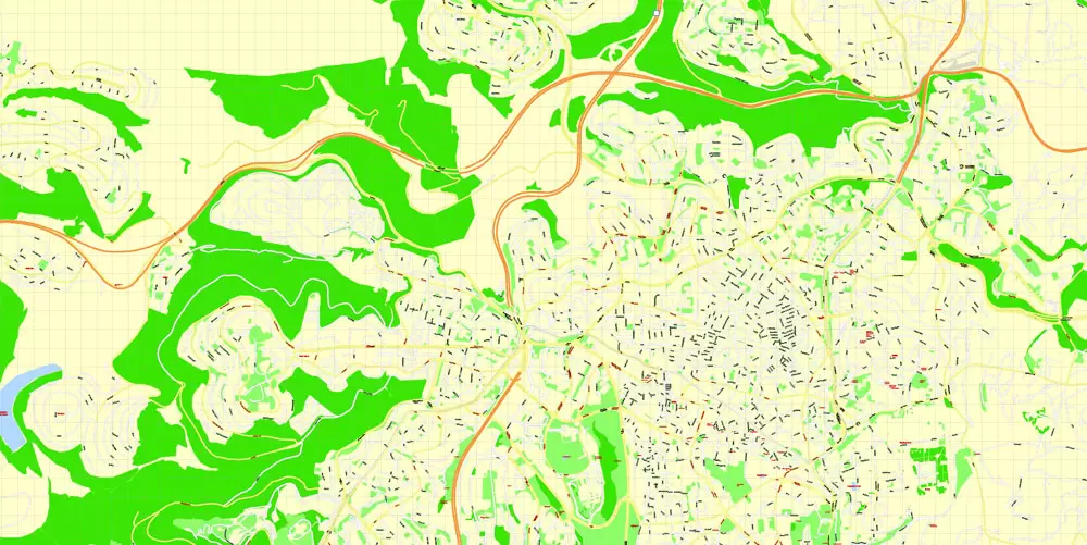 Printable Map Jerusalem, Israel, English vector map Adobe Illustrator editable G-View Level 17 (100 meters scale), full vector, scalable, editable, english text format street names, 4 mb ZIP