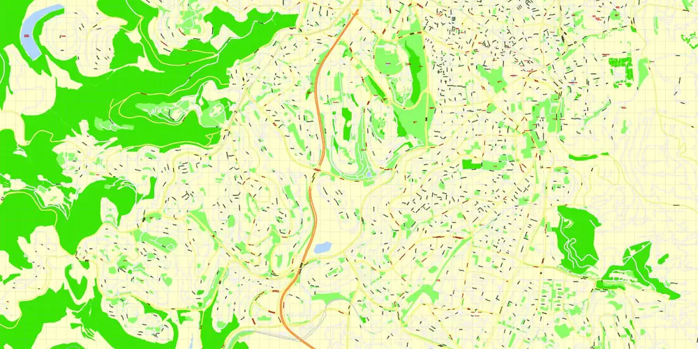 Printable Map Jerusalem, Israel, English vector map Adobe Illustrator editable G-View Level 17 (100 meters scale), full vector, scalable, editable, english text format street names, 4 mb ZIP