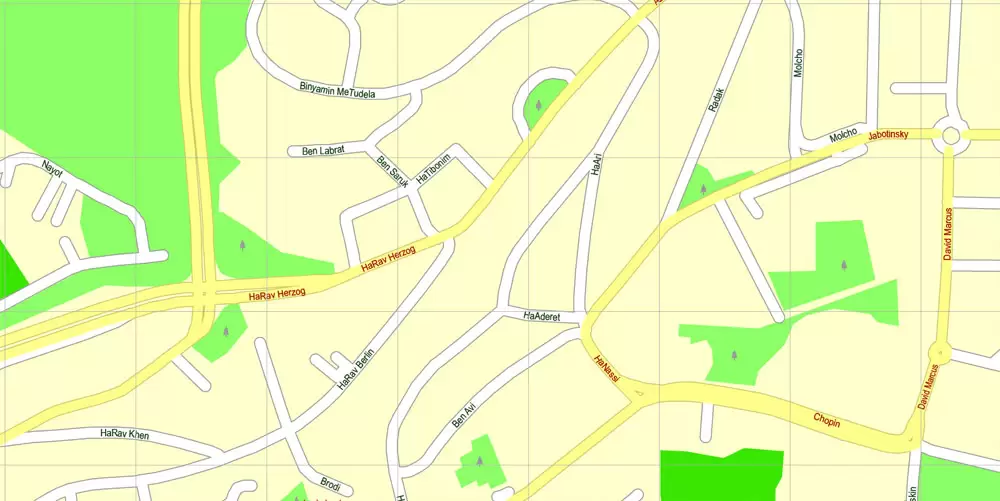 Printable Map Jerusalem, Israel, English vector map Adobe Illustrator editable G-View Level 17 (100 meters scale), full vector, scalable, editable, english text format street names, 4 mb ZIP