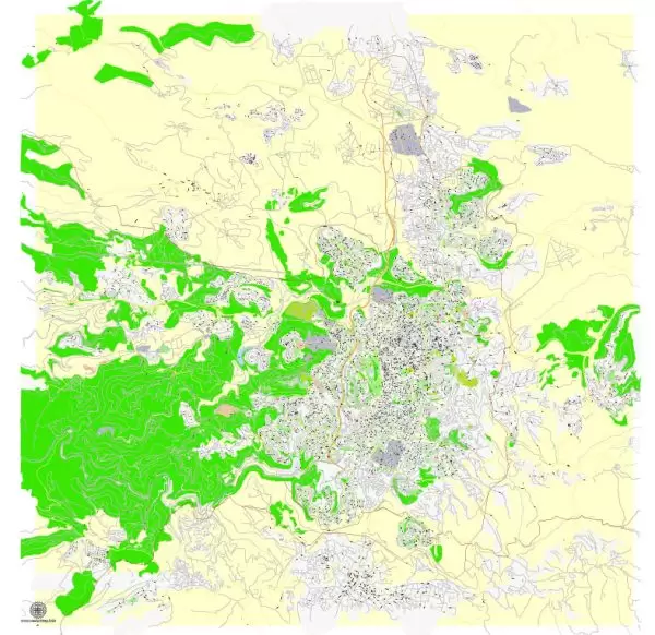 Printable Map Jerusalem, Israel, exact HEBREW vector map Adobe Illustrator editable G-View Level 17 (100 meters scale), full vector, scalable, editable, hebrew curves format street names, 14 mb ZIP