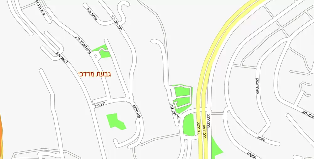 Printable Map Jerusalem, Israel, exact HEBREW vector map Adobe Illustrator editable G-View Level 17 (100 meters scale), full vector, scalable, editable, hebrew curves format street names, 14 mb ZIP