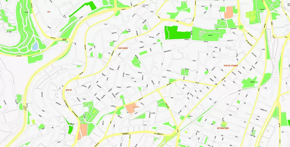 Printable Map Jerusalem, Israel, exact HEBREW vector map Adobe Illustrator editable G-View Level 17 (100 meters scale), full vector, scalable, editable, hebrew curves format street names, 14 mb ZIP