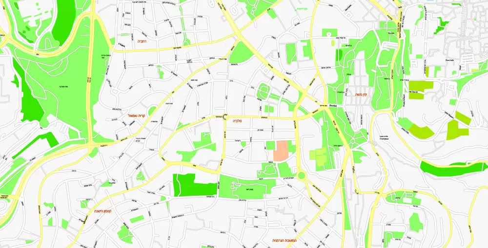 Printable Map Jerusalem, Israel, exact HEBREW vector map Adobe Illustrator editable G-View Level 17 (100 meters scale), full vector, scalable, editable, hebrew curves format street names, 14 mb ZIP