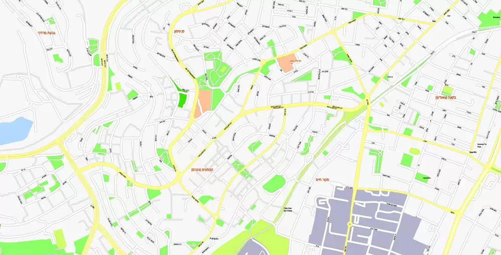 Printable Map Jerusalem, Israel, exact HEBREW vector map Adobe Illustrator editable G-View Level 17 (100 meters scale), full vector, scalable, editable, hebrew curves format street names, 14 mb ZIP