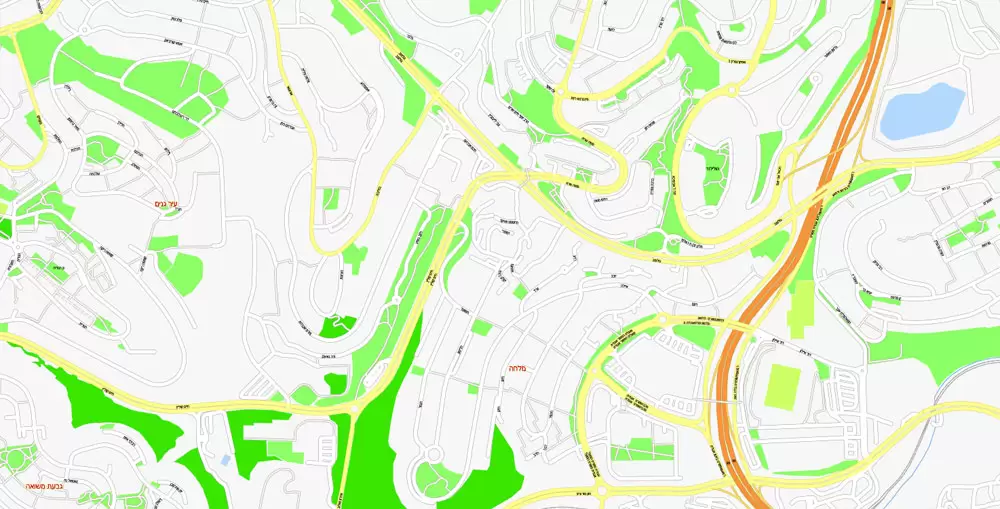 Printable Map Jerusalem, Israel, exact HEBREW vector map Adobe Illustrator editable G-View Level 17 (100 meters scale), full vector, scalable, editable, hebrew curves format street names, 14 mb ZIP