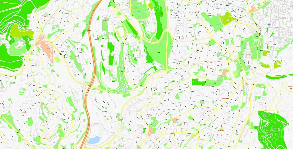 Printable Map Jerusalem, Israel, exact HEBREW vector map Adobe Illustrator editable G-View Level 17 (100 meters scale), full vector, scalable, editable, hebrew curves format street names, 14 mb ZIP
