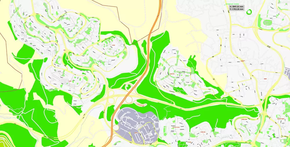 Printable Map Jerusalem, Israel, exact HEBREW vector map Adobe Illustrator editable G-View Level 17 (100 meters scale), full vector, scalable, editable, hebrew curves format street names, 14 mb ZIP
