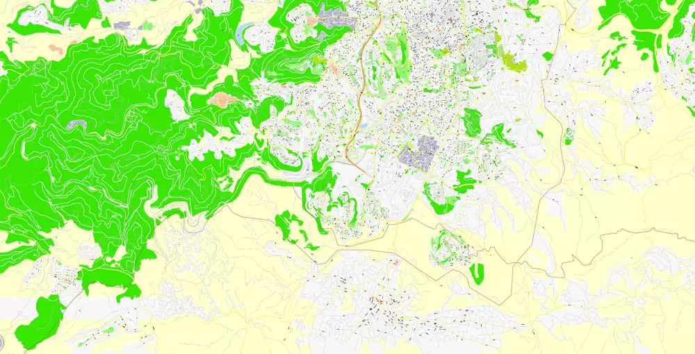 Jerusalem, Israel, printable HEBREW vector map Adobe Illustrator editable G-View Level 17 (100 meters scale), full vector