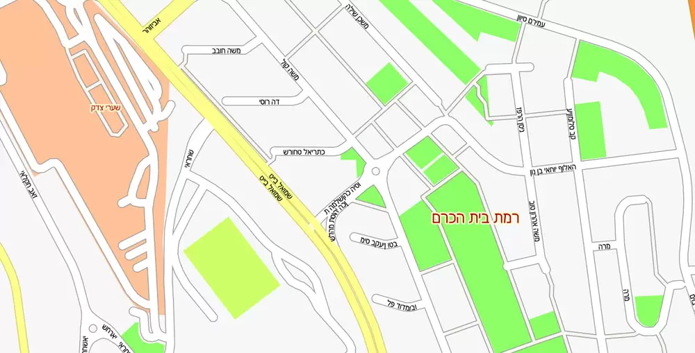 Printable Map Jerusalem, Israel, exact HEBREW vector map Adobe Illustrator editable G-View Level 17 (100 meters scale), full vector, scalable, editable, hebrew curves format street names, 14 mb ZIP