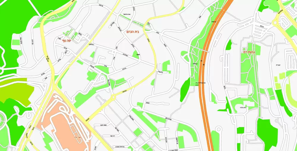 Printable Map Jerusalem, Israel, exact HEBREW vector map Adobe Illustrator editable G-View Level 17 (100 meters scale), full vector, scalable, editable, hebrew curves format street names, 14 mb ZIP