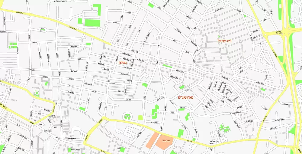Printable Map Jerusalem, Israel, exact HEBREW vector map Adobe Illustrator editable G-View Level 17 (100 meters scale), full vector, scalable, editable, hebrew curves format street names, 14 mb ZIP