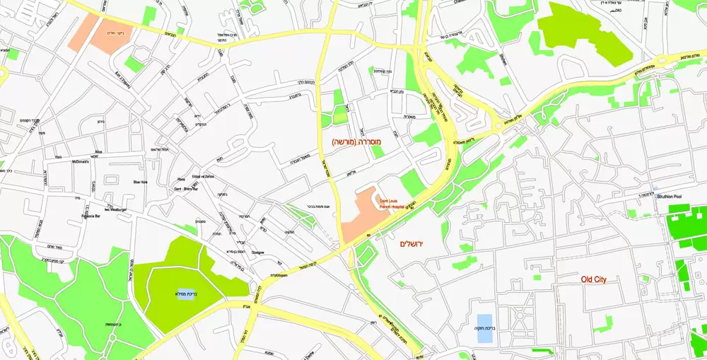 Printable Map Jerusalem, Israel, exact HEBREW vector map Adobe Illustrator editable G-View Level 17 (100 meters scale), full vector, scalable, editable, hebrew curves format street names, 14 mb ZIP