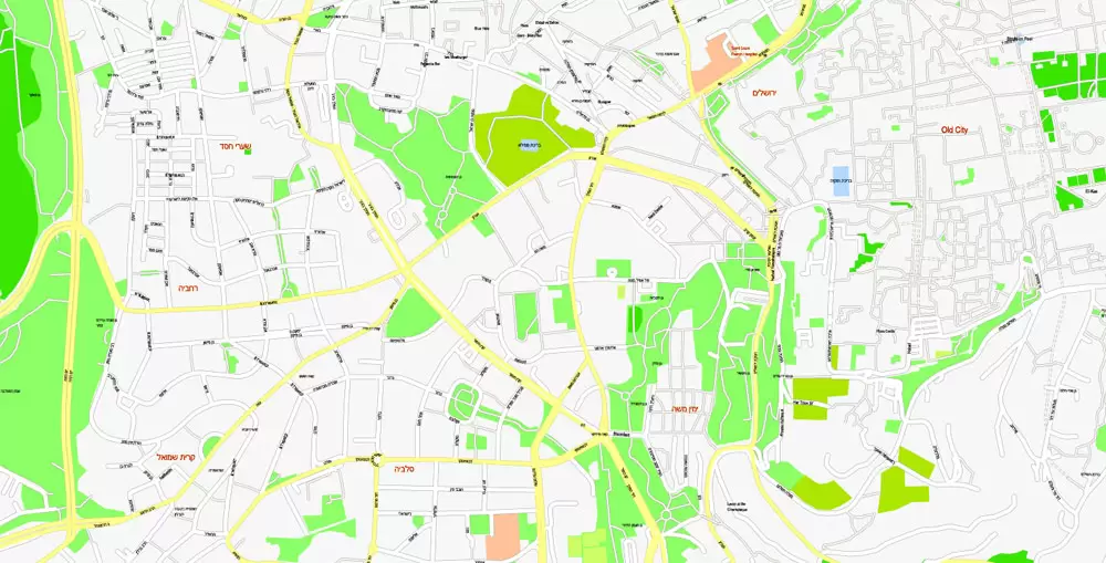 Printable Map Jerusalem, Israel, exact HEBREW vector map Adobe Illustrator editable G-View Level 17 (100 meters scale), full vector, scalable, editable, hebrew curves format street names, 14 mb ZIP