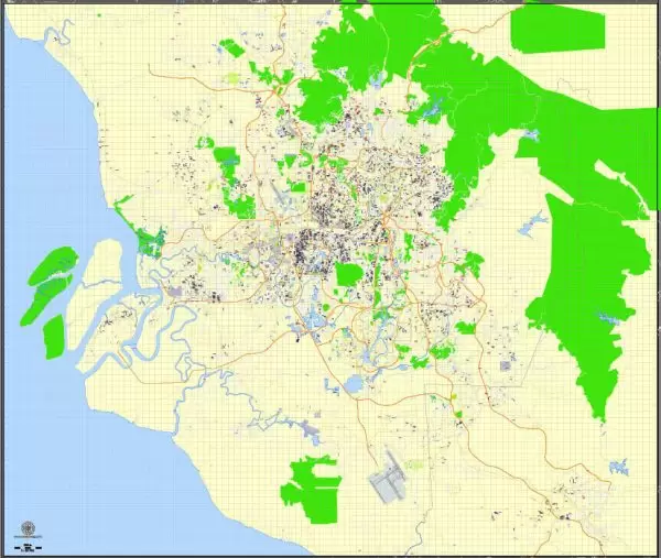 Printable Map Kuala Lumpur, Malaysia, exact vector street G-view Level 15 (500 meters) map, full editable, Adobe illustrator, full vector, scalable, editable, text format street names, 16 mb ZIP