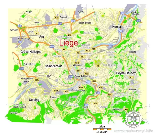 Printable Map Liege, Belgium, exact vector map Adobe Illustrator editable, G-View level 12 (2000 meters), full vector, scalable, editable, text format label names, 1 mb ZIP