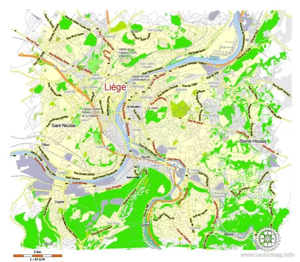 Printable Map Liege, Belgium, exact vector map Adobe Illustrator editable, G-View level 13 (2000 meters), full vector, scalable, editable, text format street names, 2 mb ZIP