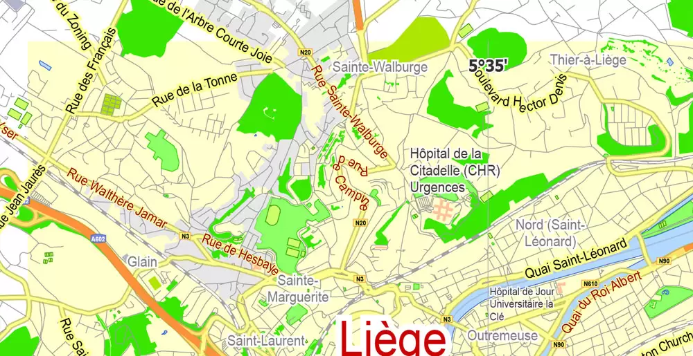 Printable Map Liege, Belgium, exact vector map Adobe Illustrator editable, G-View level 13 (2000 meters), full vector, scalable, editable, text format street names, 2 mb ZIP