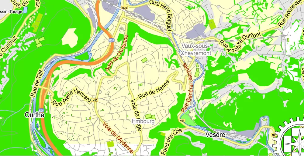 Printable Map Liege, Belgium, exact vector map Adobe Illustrator editable, G-View level 13 (2000 meters), full vector, scalable, editable, text format street names, 2 mb ZIP