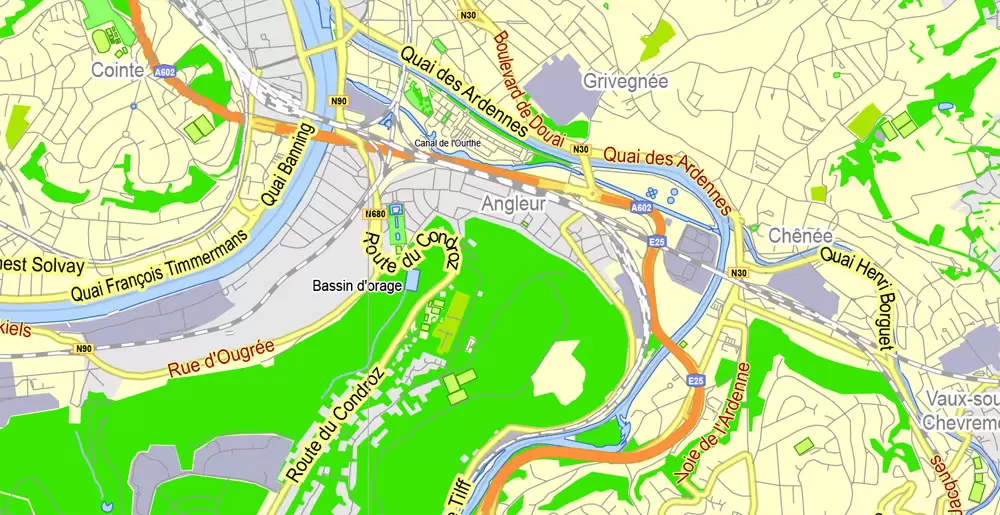 Printable Map Liege, Belgium, exact vector map Adobe Illustrator editable, G-View level 13 (2000 meters), full vector, scalable, editable, text format street names, 2 mb ZIP