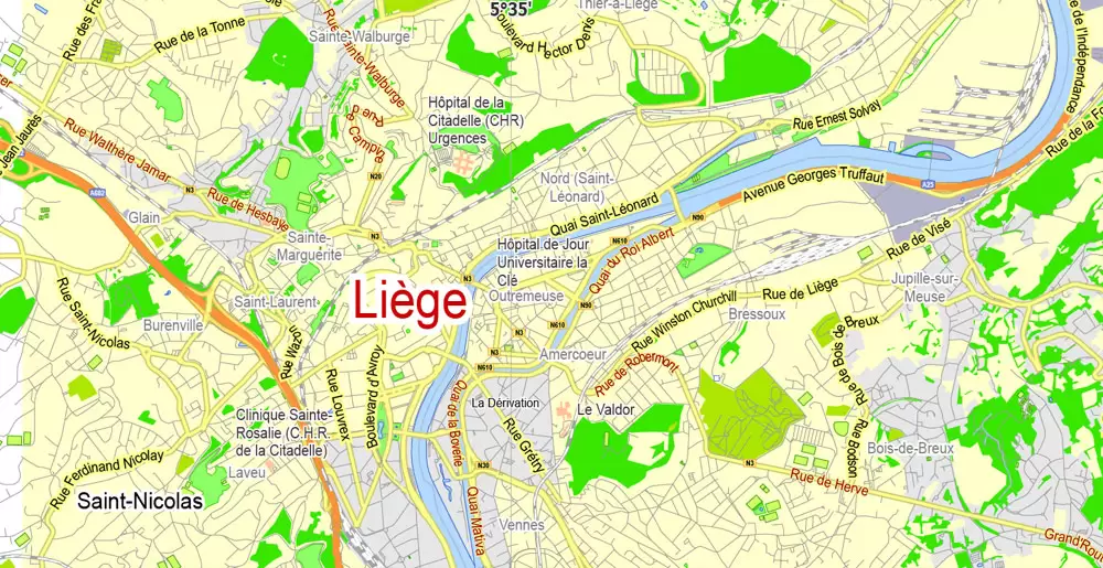 Printable Map Liege, Belgium, exact vector map Adobe Illustrator editable, G-View level 13 (2000 meters), full vector, scalable, editable, text format street names, 2 mb ZIP