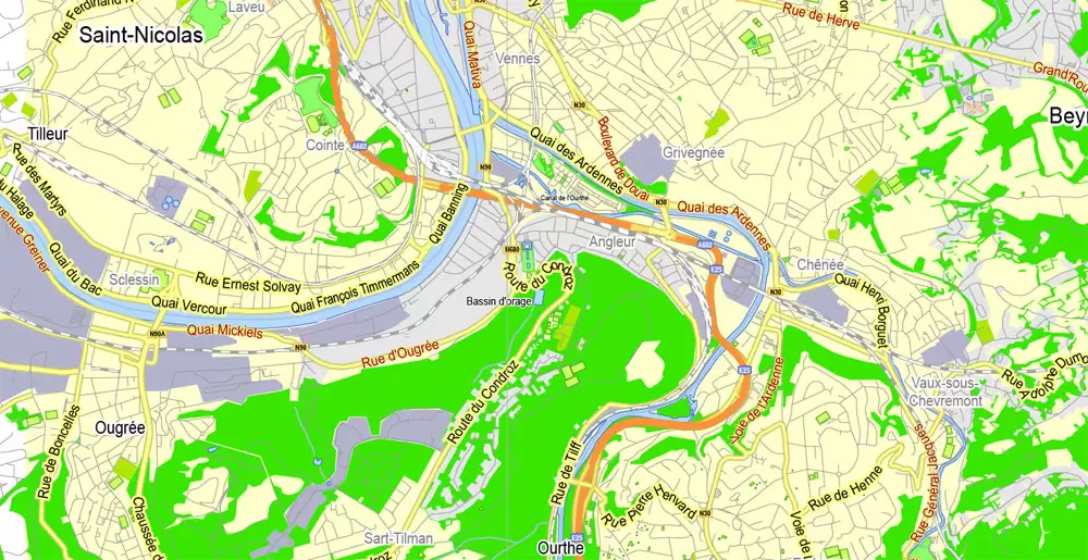 Printable Map Liege, Belgium, exact vector map Adobe Illustrator editable, G-View level 13 (2000 meters), full vector, scalable, editable, text format street names, 2 mb ZIP