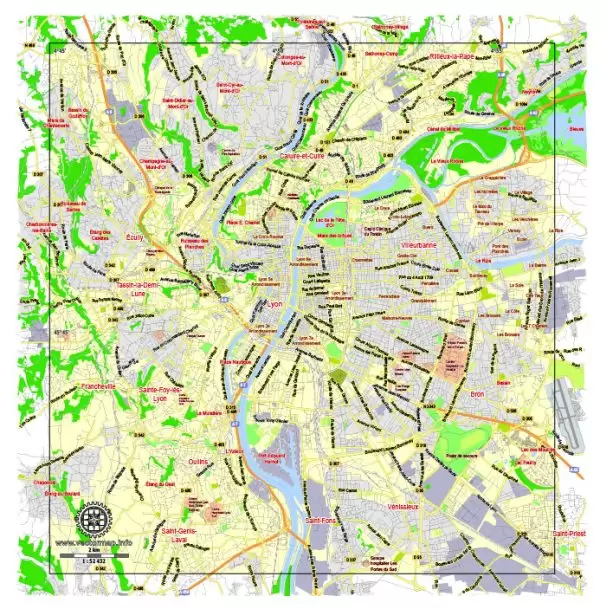 Lyon, France, printable vector street G-view Level 13  (2.000 meters) map, full editable, Adobe illustrator