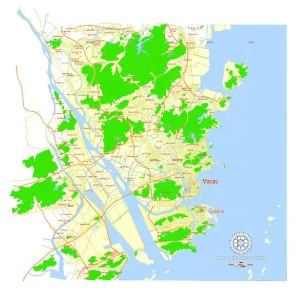 Macau Map PDF China, printable vector City Plan 5 km scale full editable in ENGLISH Adobe PDF Street Map