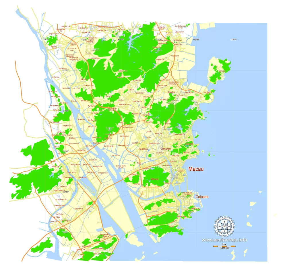 Macau Map PDF China, printable vector City Plan 5 km scale full editable in ENGLISH Adobe PDF Street Map