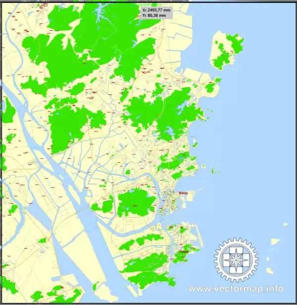 Printable Map Macau, China, exact vector street G-view Level 17 (100 meters scale) map, full editable in ENGLISH, Adobe illustrator, full vector, scalable, editable, text format street names, 4 mb ZIP