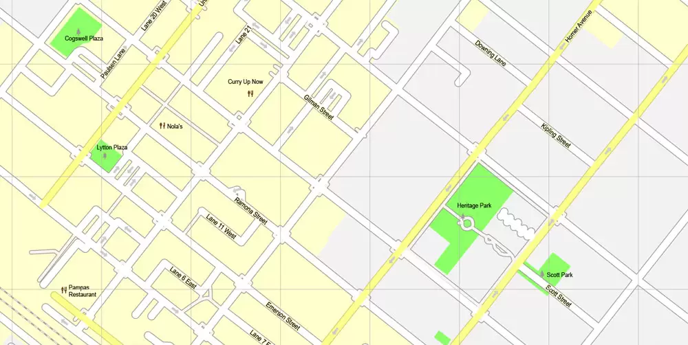 Printable Map Mountain View, California, US, exact vector street G-View Level 17 map (100 meters scale), full editable, Adobe Illustrator, full vector, scalable, editable, text format street names, 10 Mb ZIP.