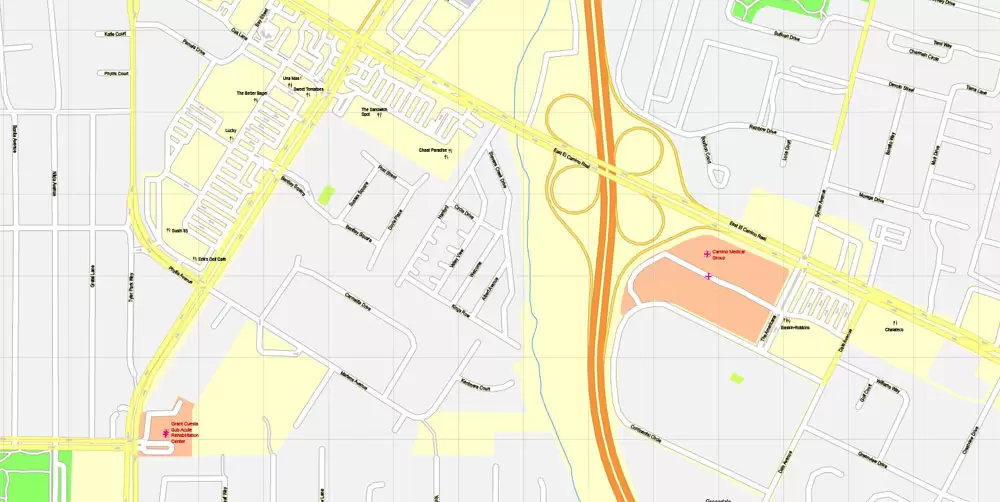 Printable Map Mountain View, California, US, exact vector street G-View Level 17 map (100 meters scale), full editable, Adobe Illustrator, full vector, scalable, editable, text format street names, 10 Mb ZIP.