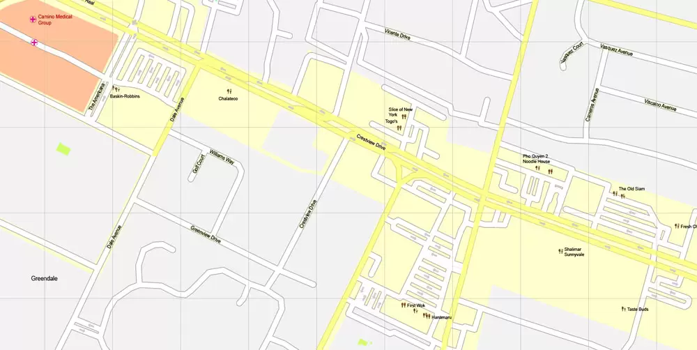 Printable Map Mountain View, California, US, exact vector street G-View Level 17 map (100 meters scale), full editable, Adobe Illustrator, full vector, scalable, editable, text format street names, 10 Mb ZIP.