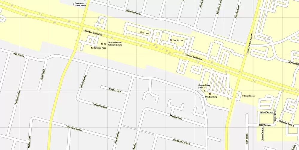 Printable Map Mountain View, California, US, exact vector street G-View Level 17 map (100 meters scale), full editable, Adobe Illustrator, full vector, scalable, editable, text format street names, 10 Mb ZIP.